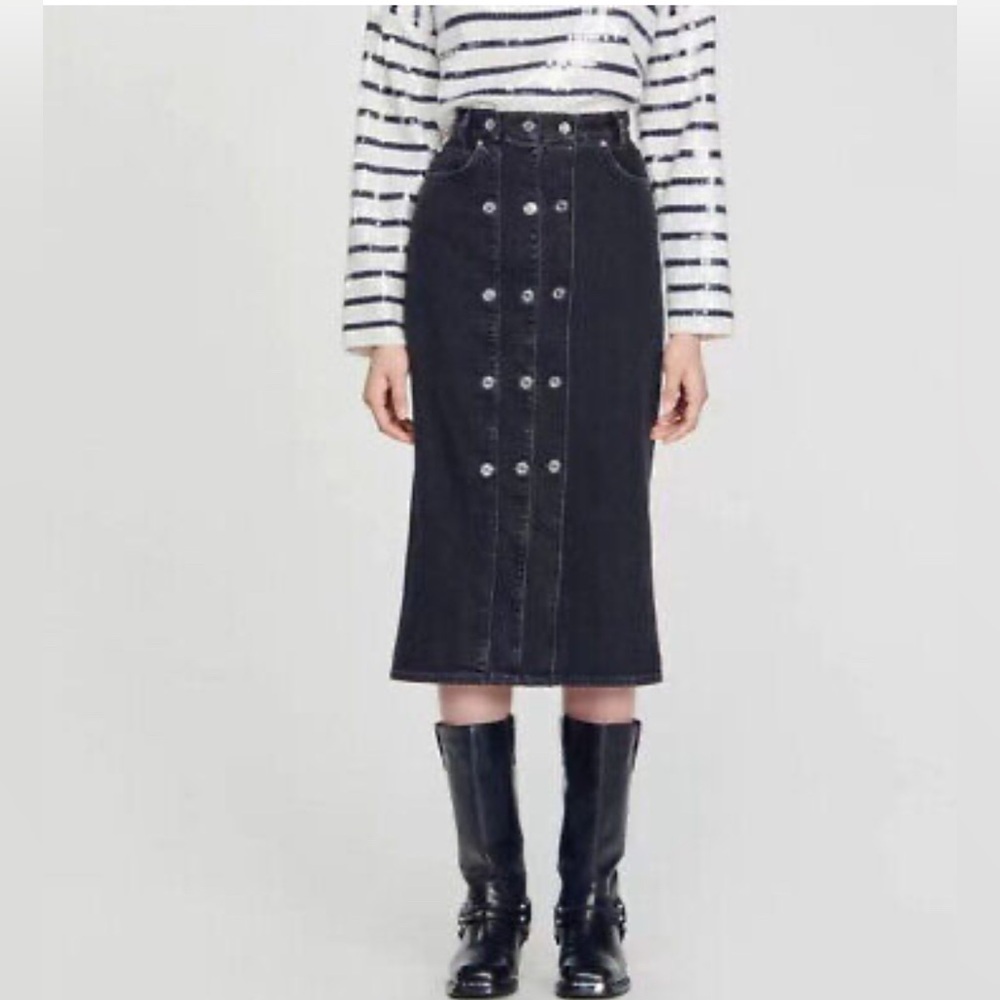 Sandro Ladies Midi Single Breasted Denim A-line Skirt Size 42